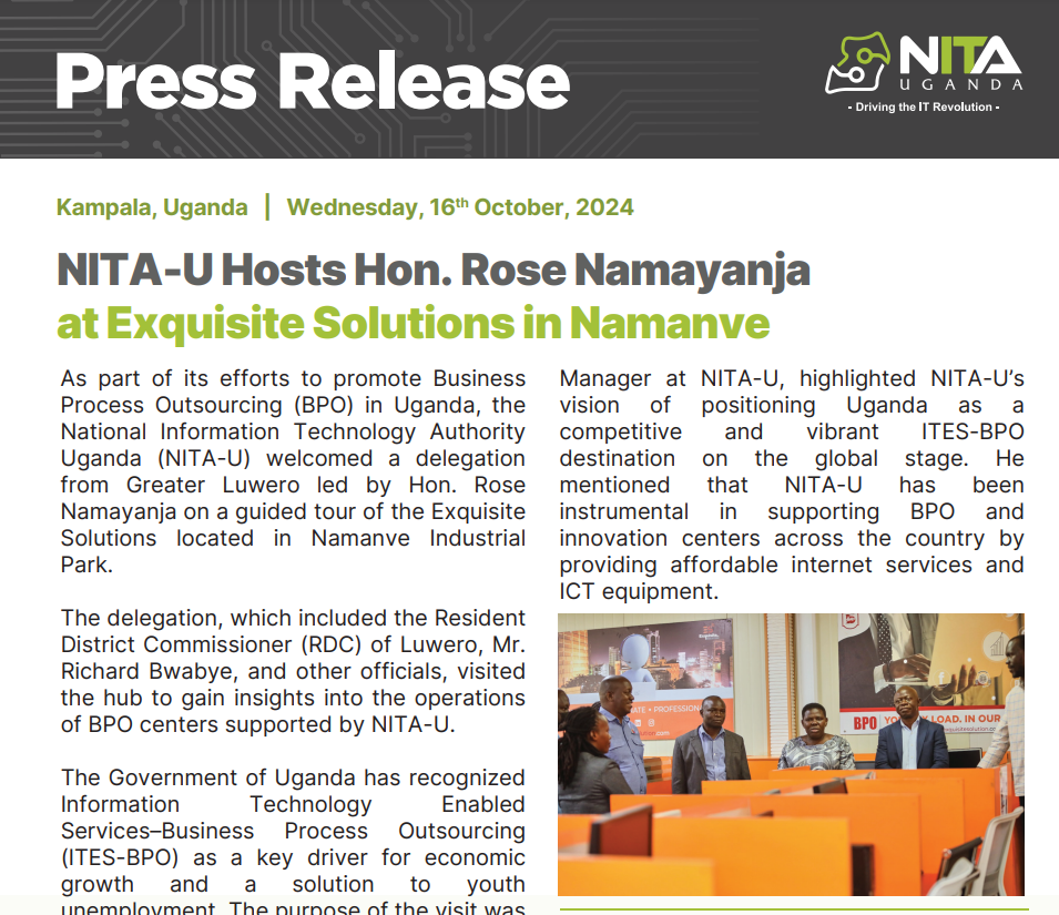 NITA-U Hosts Hon. Rose Namayanja at Exquisite Solutions in Namanve